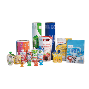 Assorted collection of colorful packaging for food and beverages including pouches rolls Spout Pouch Stand Up Pouch and Flat Bottom Pouch