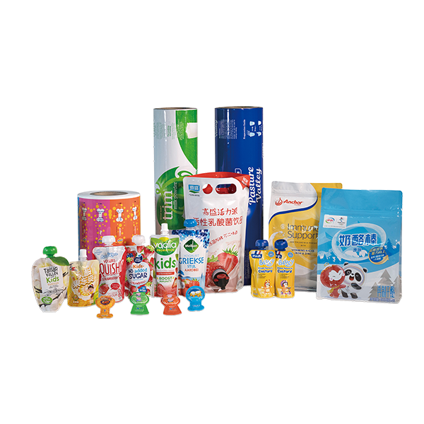 Assorted collection of colorful packaging for food and beverages including pouches rolls Spout Pouch Stand Up Pouch and Flat Bottom Pouch