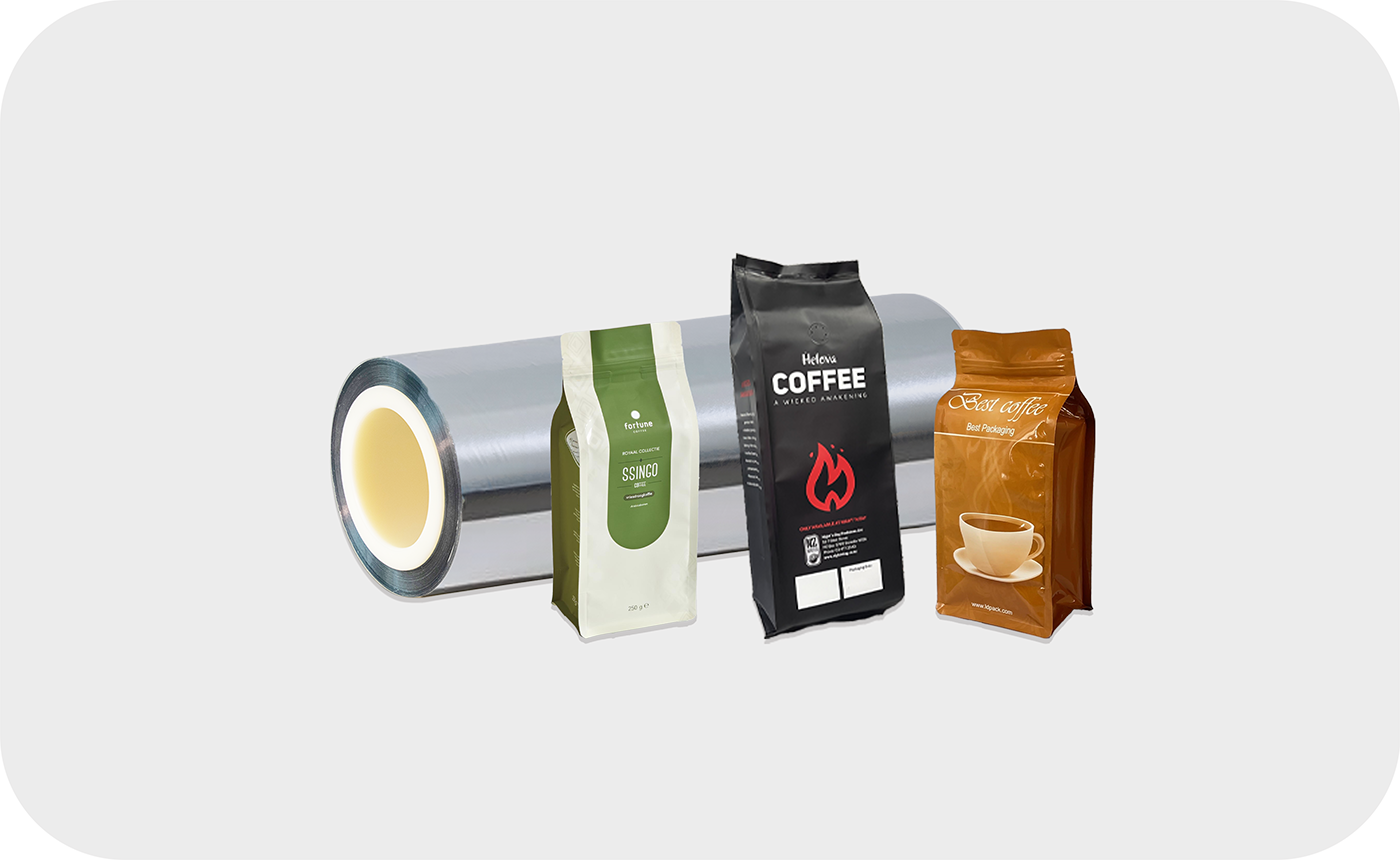 Green and black COFFEE packaging with a roll of aluminum foil packaging material this film can serve as a middle layer in a triplex structure and replace non-recyclable metallized films.