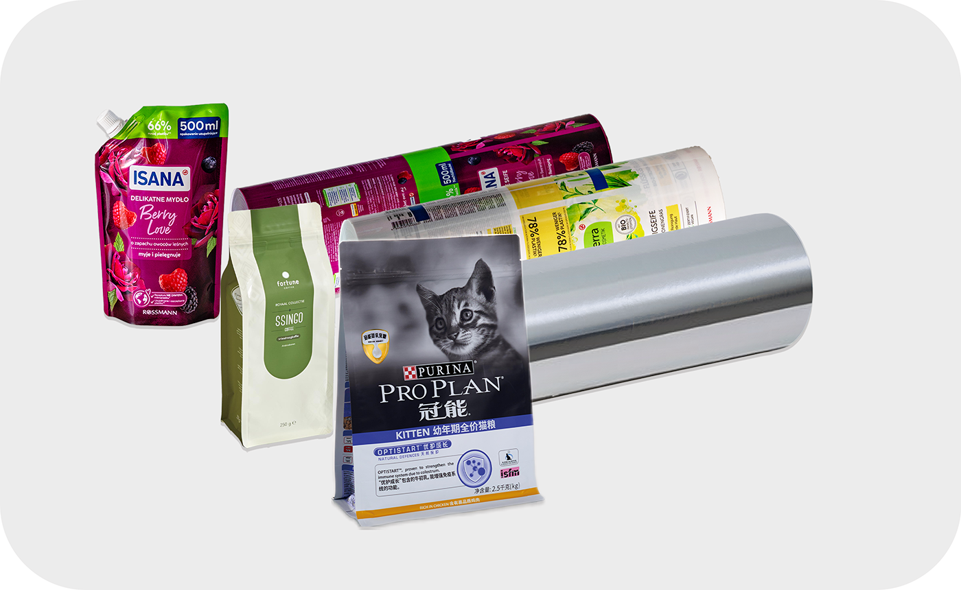 Various packaging products are displayed: Purina gray cat flat bottom bag, white flat bottom bag, red spout pouch. Aluminum foil roll film