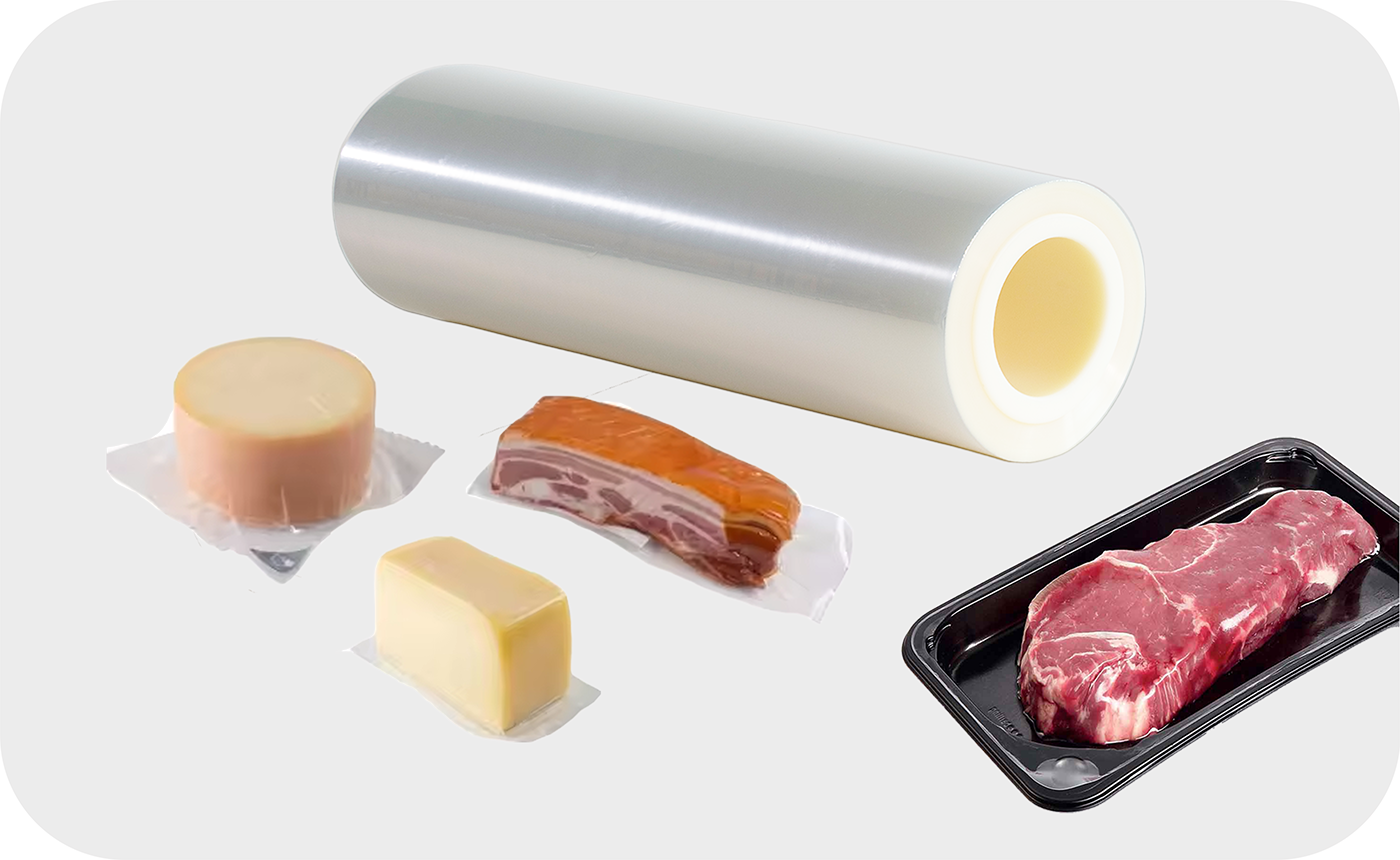 A variety of meats and cheeses displayed on a tray, featuring MAP packaging and COEX FILM for optimal preservation.