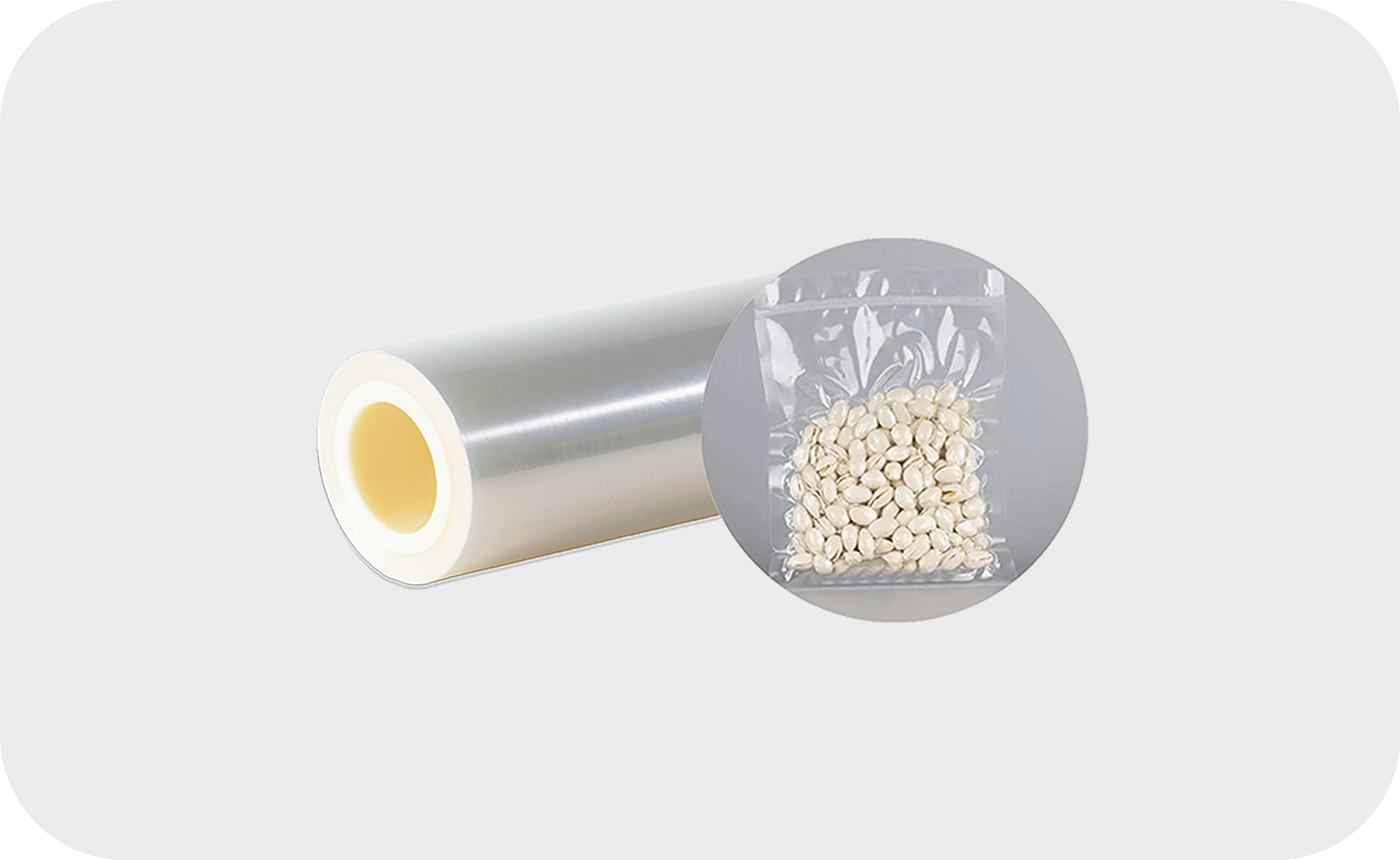 Nylon/PE Coex Film roll with packaged corn and other food items in PE Coex Film.