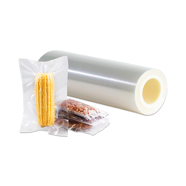 Nylon/PE Coex Film roll with packaged corn and other food items in PE Coex Film.