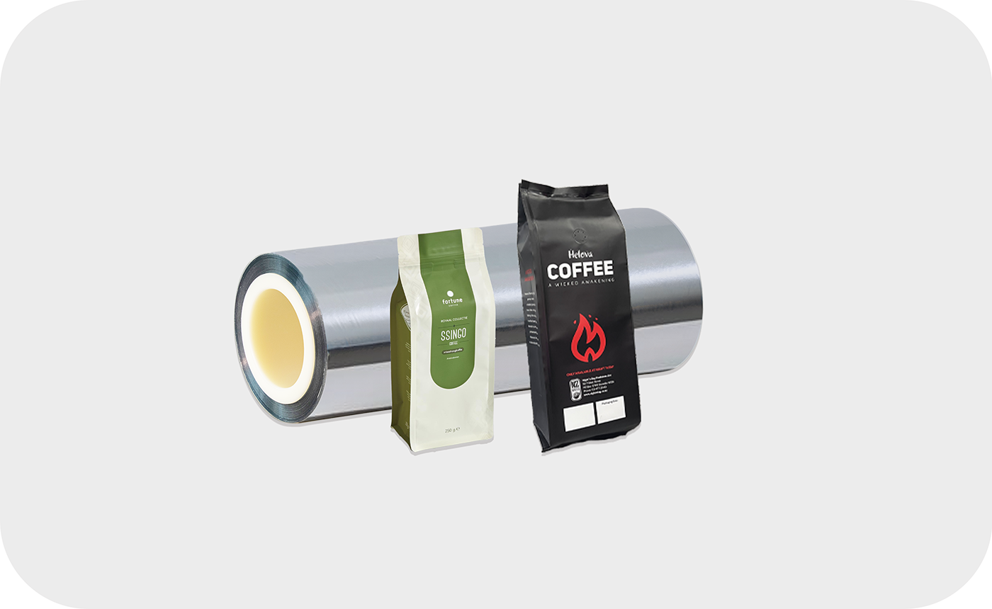 Green and black COFFEE packaging with a roll of aluminum foil packaging material，this film can serve as a middle layer in a triplex structure and replace non-recyclable metallized films.