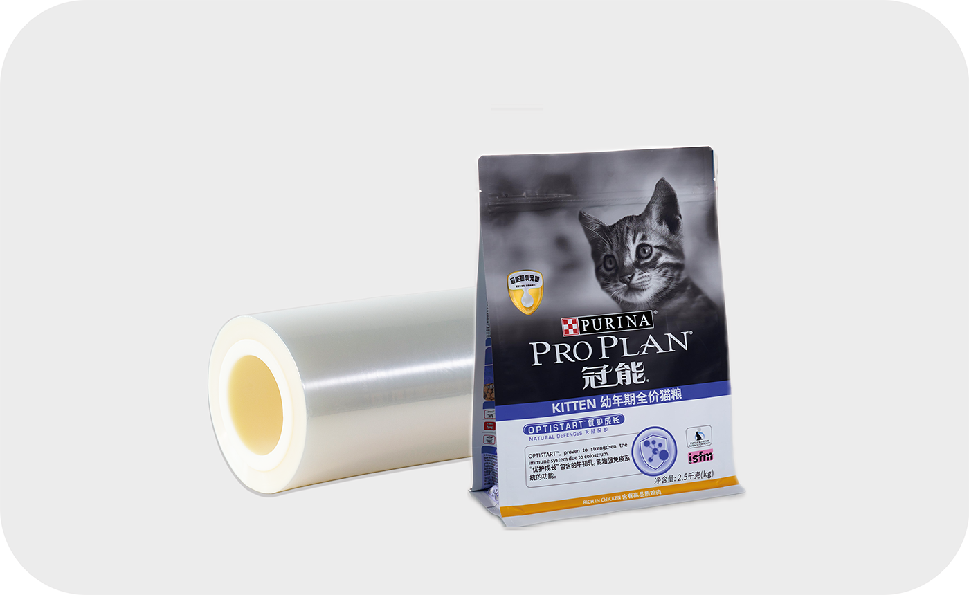 transparent MDO film roll，Purina gray cat flat bottom bag It utilizes the elasticity properties can serve in applications that require high barriers and excellent drop resistance.