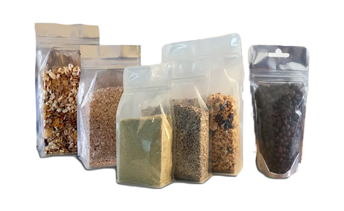 Five different kinds of powder packaging bags, neatly arranged.